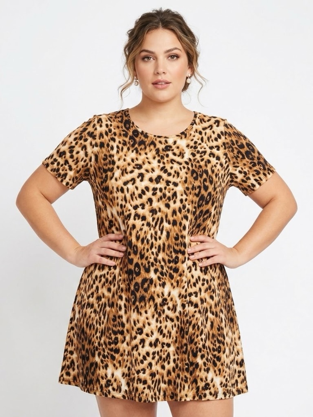 Cacia USA Women’s Cheetah Print Short Sleeve Swing Tunic T-Shirt Dress Size 3X